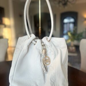 Michael Kors White Leather Drawstring Shoulder Bag with Gold Hardware